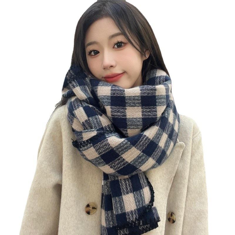 Retro Plaid Scarf Female Atmosphere Autumn and Winter Thickening Korean Senior Sense Student Warmth Couple Scarf Versatile