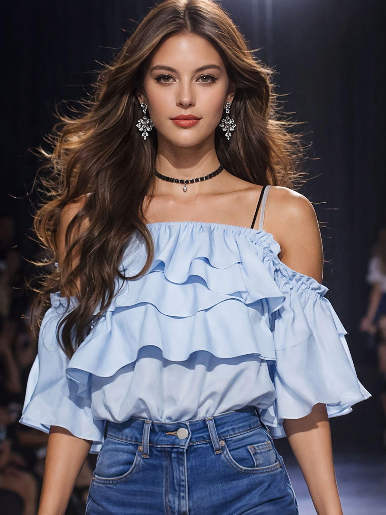 2026 New Summer Off-Shoulder Ultra-Fairy Blue Ruffled Off-Shoulder Shirt Korean Style Chiffon Shirt XS