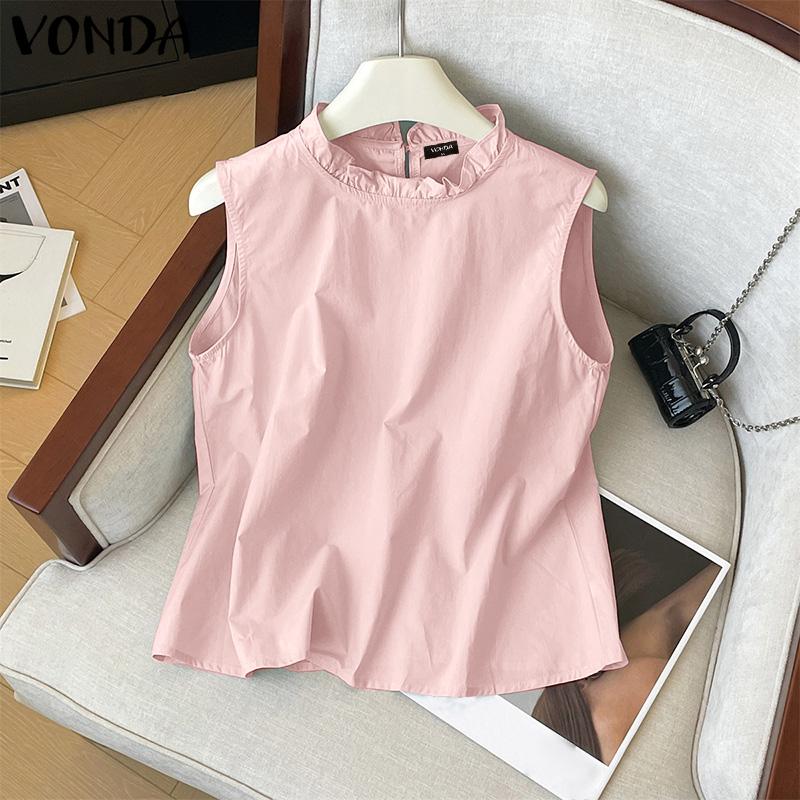 VONDA Women Summer Ruffled Neck Sleeveless Solid Color Casual Tank Tops
