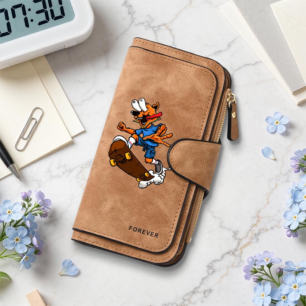 Skate Fox Print Long Wallet Trendy Daily Card Holder Casual Portable Purse