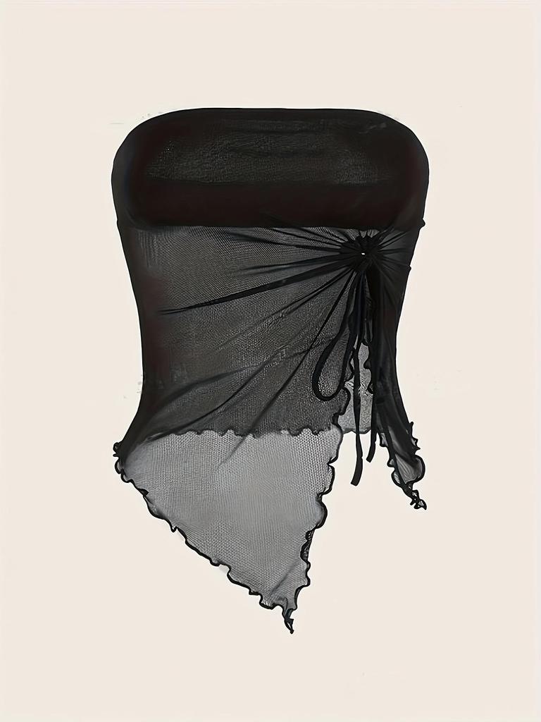 European & American Women's Summer 2024 Slim Fit Strapless Vest: Solid Color, Side Drawstring, Irregular Slit Design