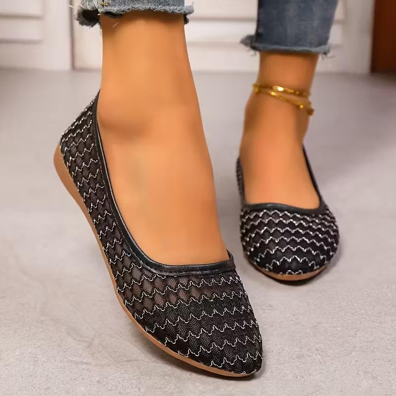 Damen Ballerinas mit Blumenmuster Spitz Atmungsaktiv und Bequem Elegante Damenschuhe