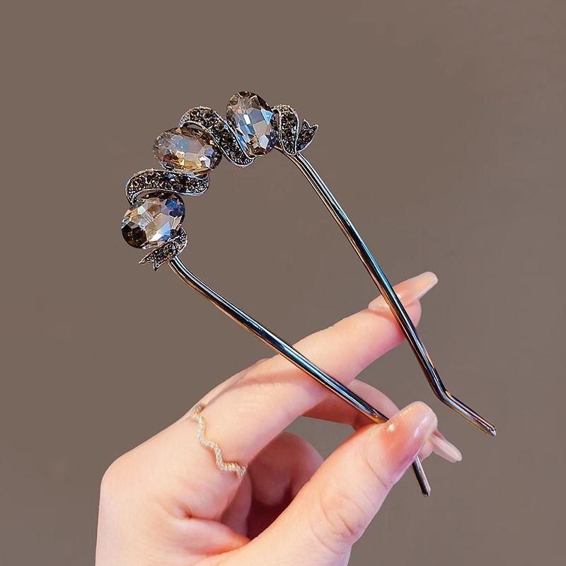 High-end Metal Crystal Leaf U-shaped Hairpin Women Simple Black Color Rhinestone Hair Clasp Bun Hair Sticks Hair Accessories
