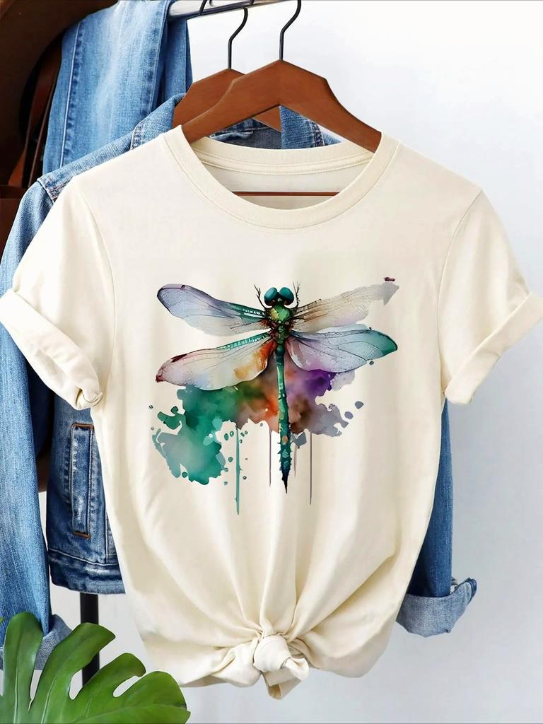 Womens Casual Short Sleeve Crew Neck TShirt Watercolor Dragonfly Ink Splatter Graphic Print Comfortable Women Clothing