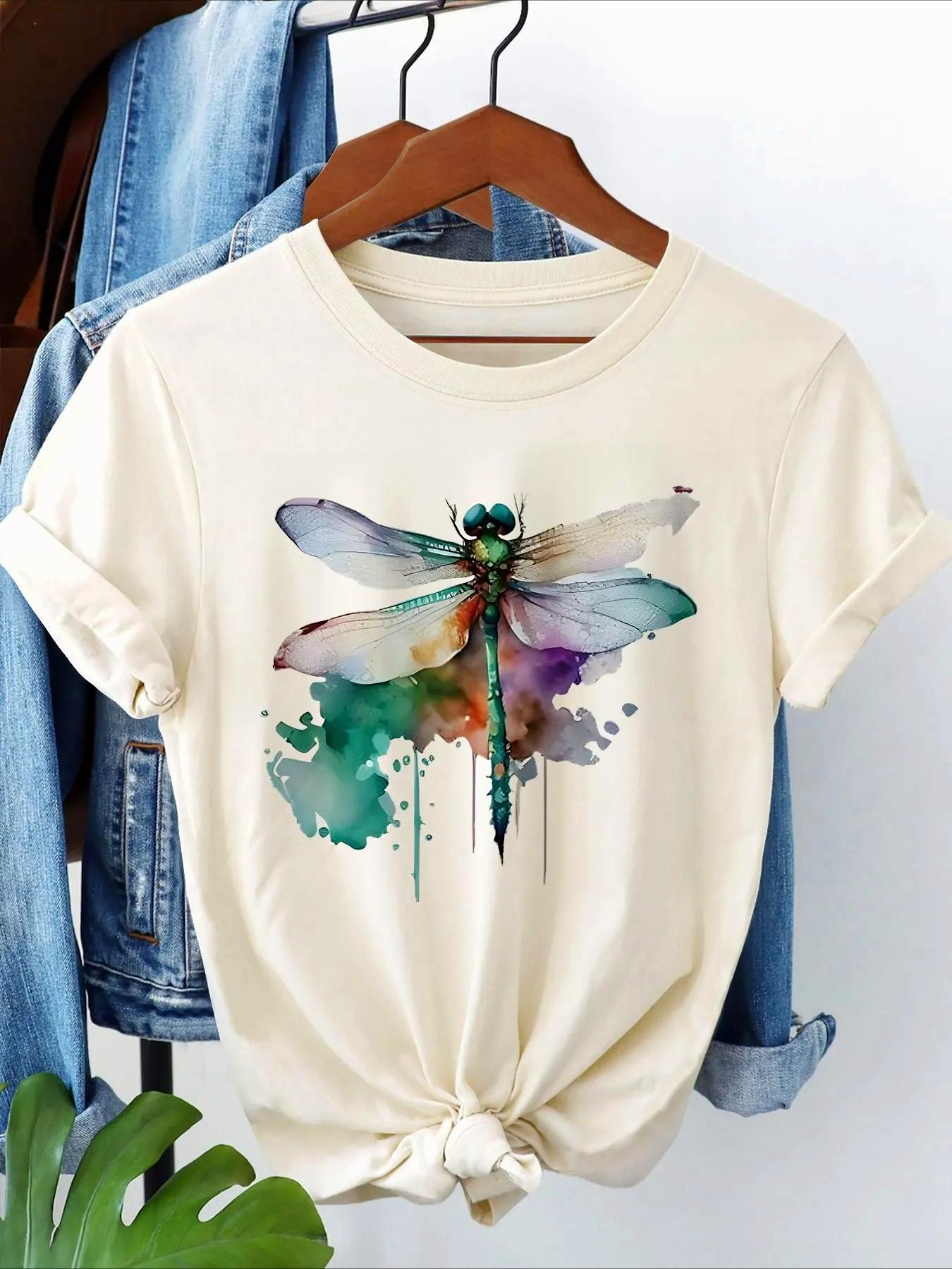 Womens Casual Short Sleeve Crew Neck TShirt Watercolor Dragonfly Ink Splatter Graphic Print Comfortable Women Clothing S