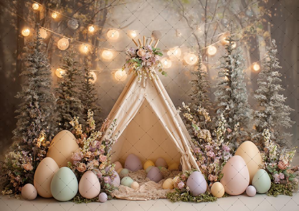 Spring Easter Photography Background Boho Tent Colorful Eggs Flower Baby Shower Birthday Party Decor Kid Portrait Photo Backdrop