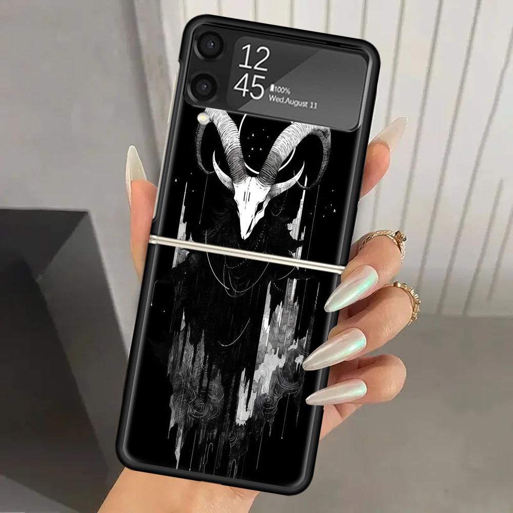 Satanic Goat Satan Devil Hard PC Phone Case For Samsung Galaxy Z Flip 7 6 5 4 3 Black ZFlip7 ZFlip6 Flip5 Flip4 Flip3 5G Print C