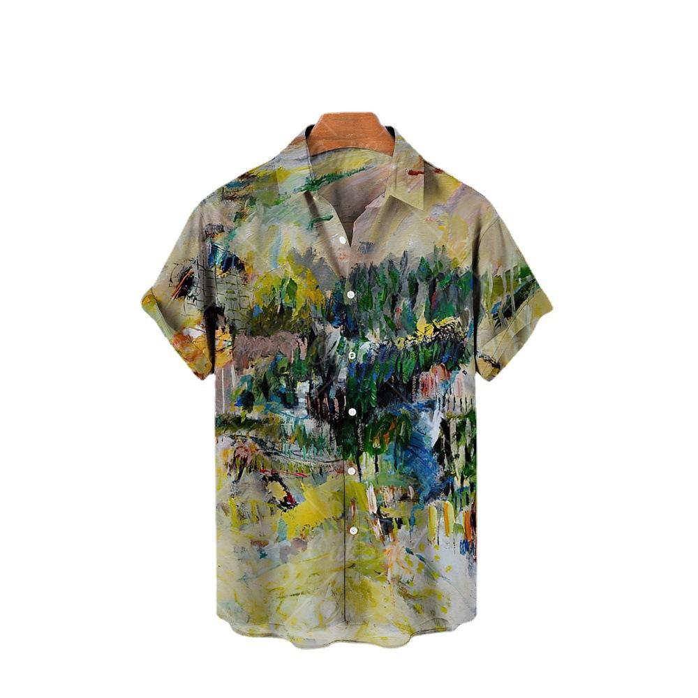 Hawaiian men's vacation seaside shirt with a turn-down collar and short sleeves