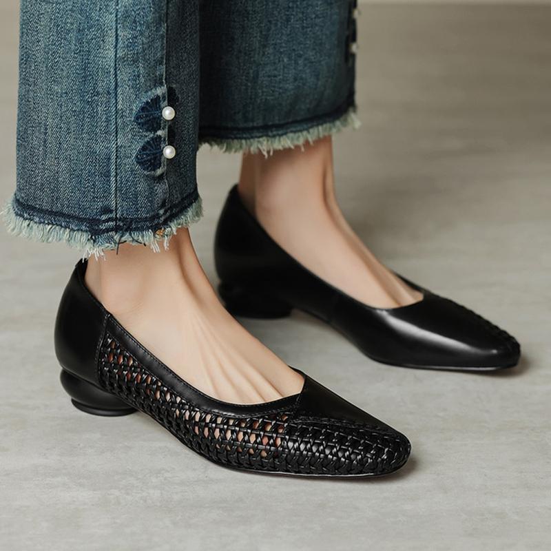 Mode NY Vår/Höst Dam Pumps Rund Tå Klumpig Klack Skor Spaltläderskor för Kvinnor Koncisa Väv Slip-on Handgjorda Skor