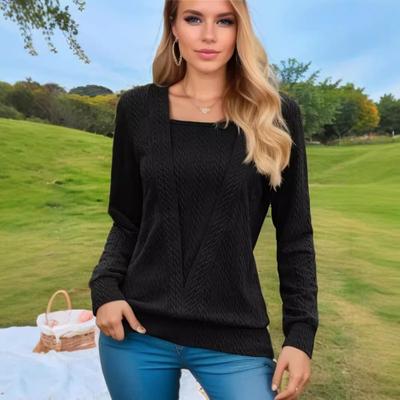 Women's New Autumn and Winter Solid Colour Square Neck Casual Loose Splicing Long-sleeved T-shirt