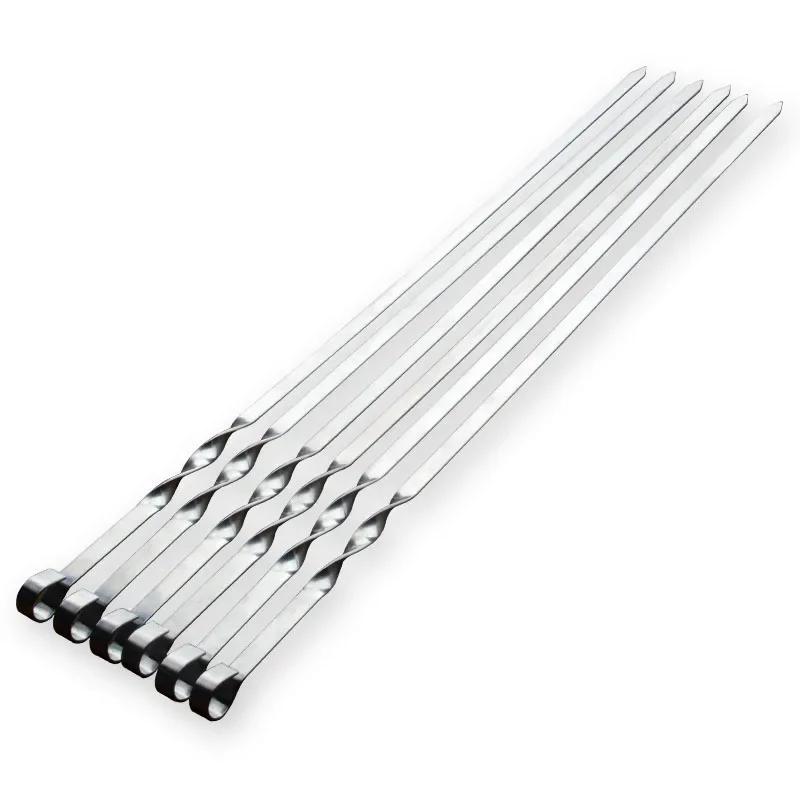 6pcs/set 55cm BBQ Skewers Long Handle Shish Kebab Barbecue Grill Sticks Wood BBQ Fork Stainless Steel Outdoor Grill Needle Bags