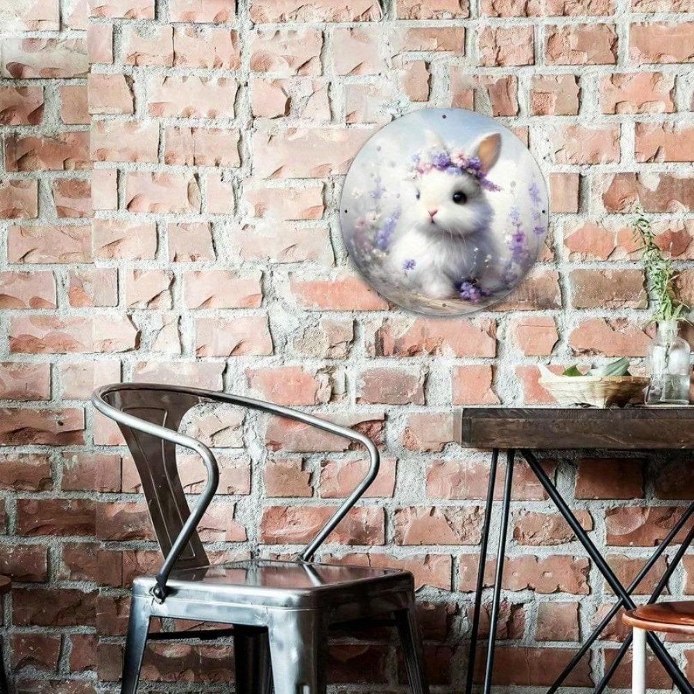 Cute Bunny Metal Sign Welcome Easter Spring Lavender Farmhouse Wall Art 8x8 Inch Garden Patio Decor Plaque
