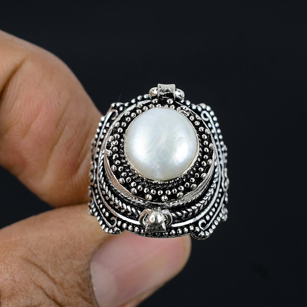 Mother Of Pearl Handmade 925 Sterling Silver Poison Ring Size 6.5 j1Y21