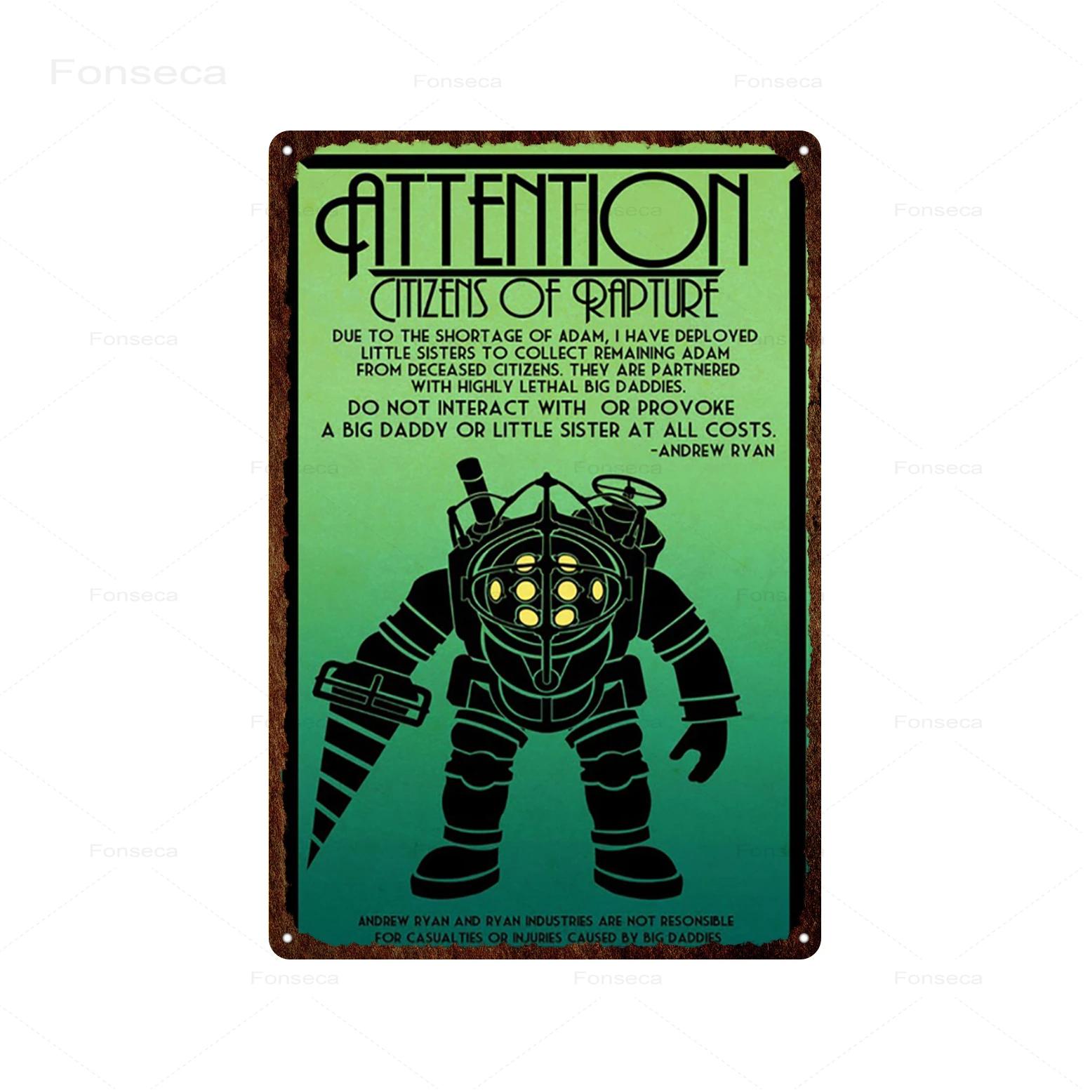 Стрельба из игры Bioshock Оловянная вывеска Бесконечное высокое качество Ретро Meatl Таблички Винтажная настенная художественная железная картина для украшения домашнего бара 20x30cm（7.8x11.8inch）