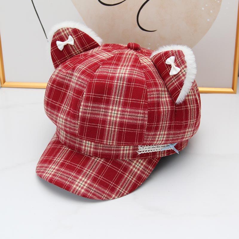 Cute kitten ears plaid octagonal hat women's autumn and winter British college style shows the face of the small versatile newsboy hat tide