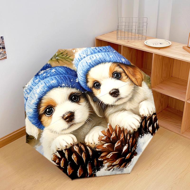 1 Stück Automatischer Faltregenschirm - Süßes Hundemuster, Tragbares & Faltbares Design mit 8 Speichen, Weihnachts- und Geburtstagsgeschenke