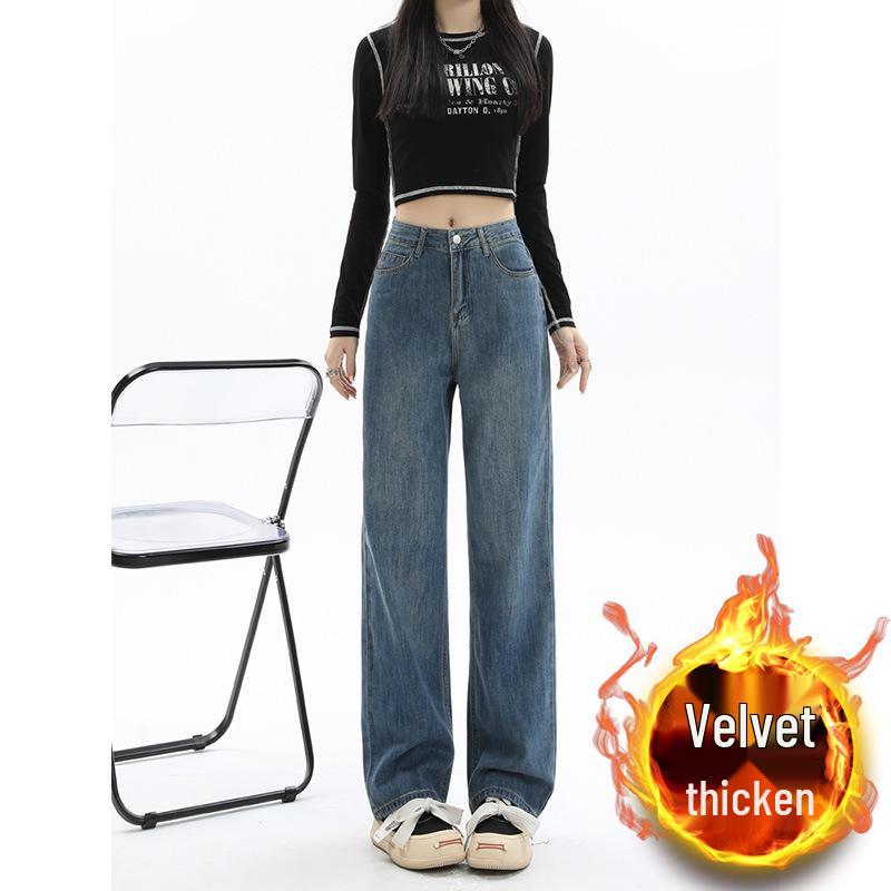 Women's Retro Blue Wide-Leg Fleece-Lined High-Waist Jeans - Plus Size, Floor-Length, Autumn/Winter 2024