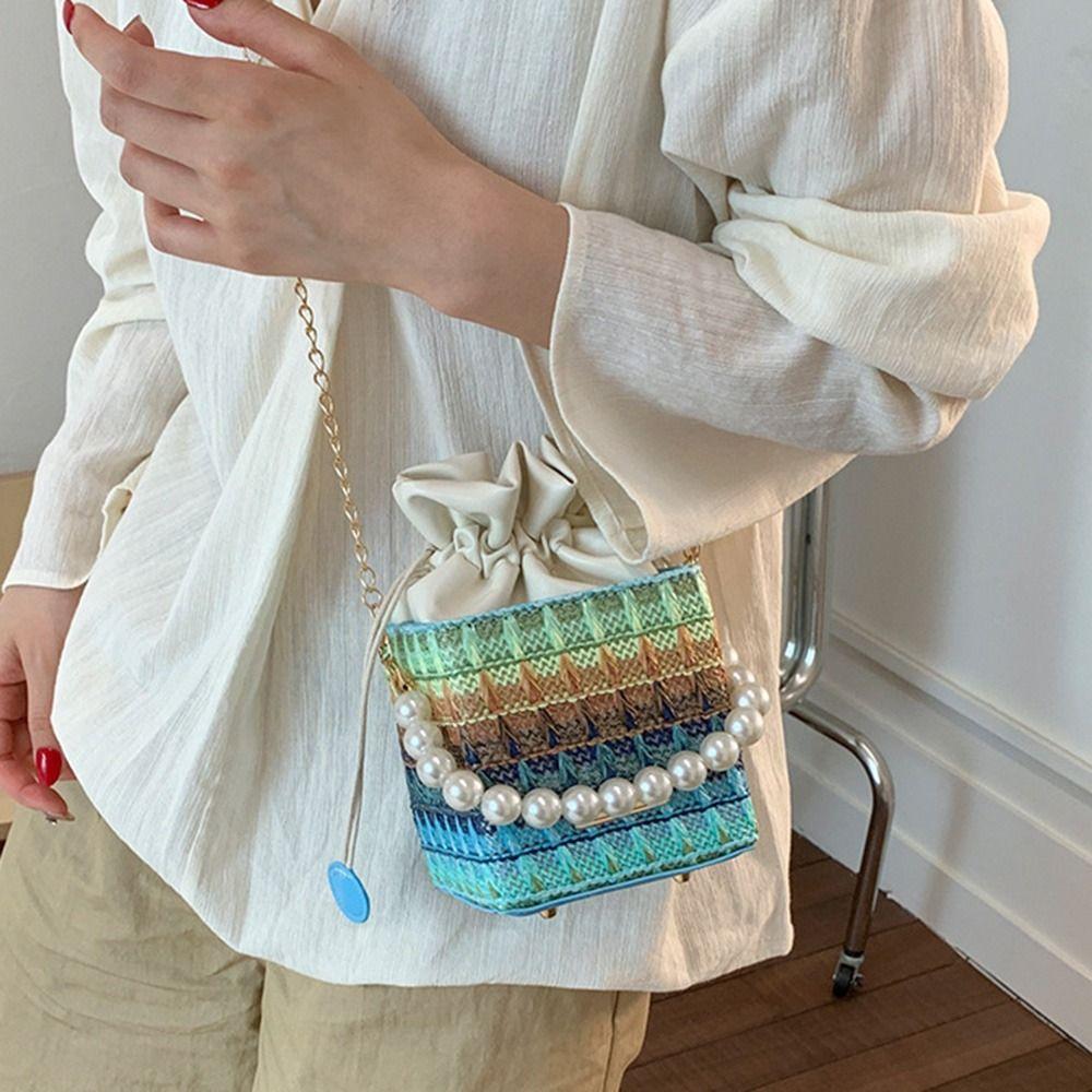 Bohemian Straw Shoulder Bag Elegant Women's Crossbody Bag Evening Purse Pearls Straw Handbag  Beach