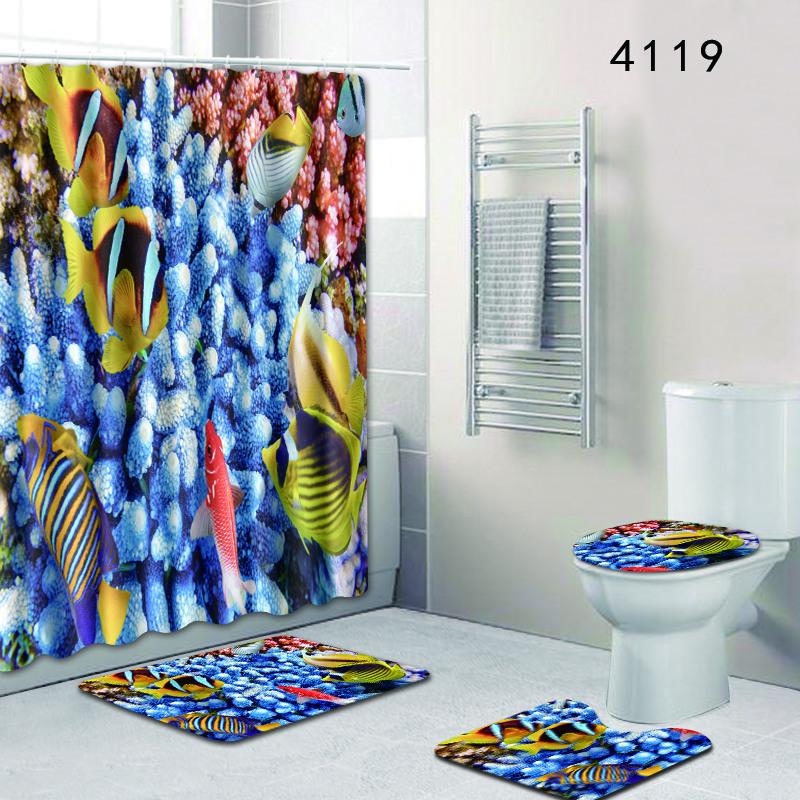 Undersea Landscape Bathroom Shower Curtain Floor Mat Toilet Cover Foot Pad Four-Piece Pattern Size Fixed Zhi