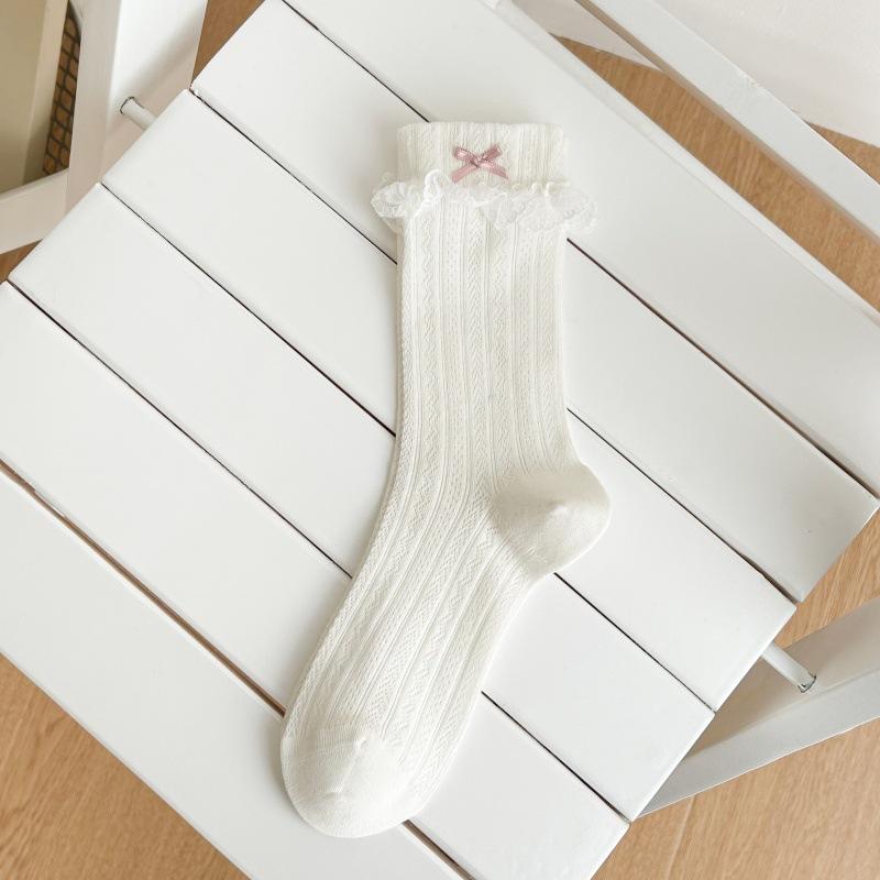 Princess Lace Socks - Boneless, Versatile Mid-calf Socks, Thin Style with Bow Ties, Mesh Openwork, Hollowed-out Design