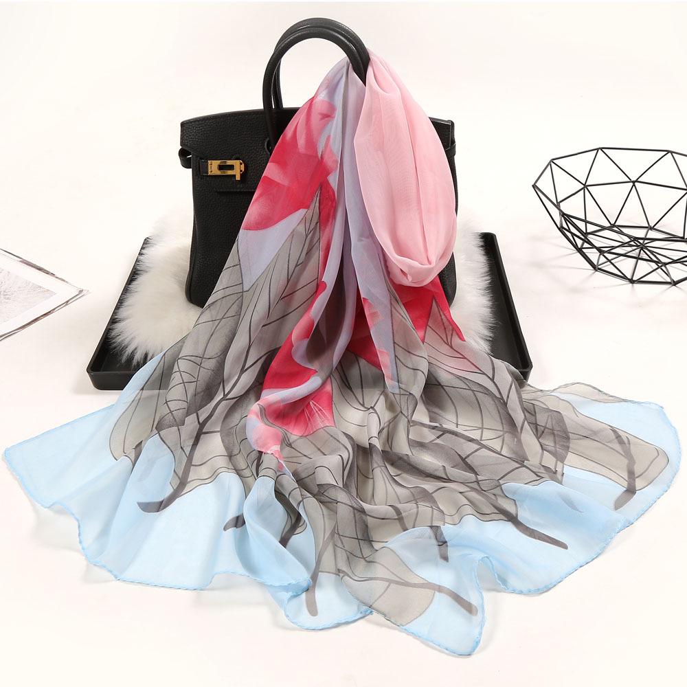 Chiffon Lotus Print Long Scarf - Lightweight, Thin Spring/Autumn Silk Accessory for Middle-Aged & Elderly