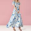 Women's Casual Fashion Print Long Dresses V-Neck Short Sleeve Dresses