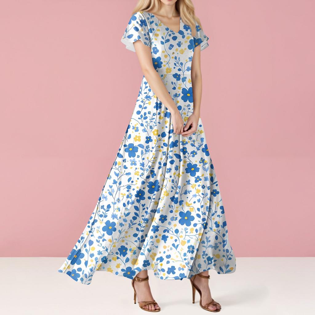 Women's Casual Fashion Print Long Dresses V-Neck Short Sleeve Dresses