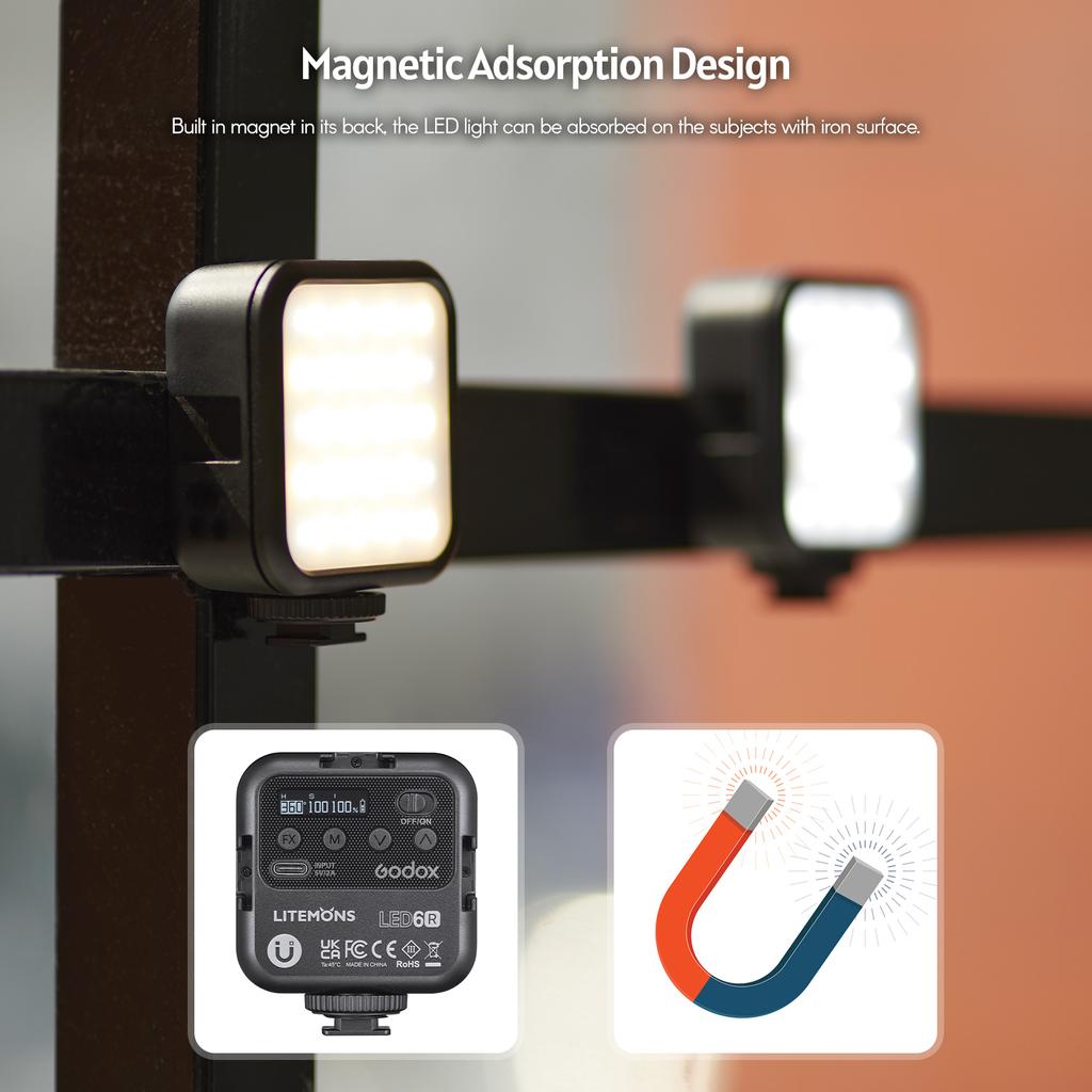 Godox LITEMONS LED6R RGB LED video světlo dobíjecí mini výplňové světlo 3200K-6500K Stmívatelné 13