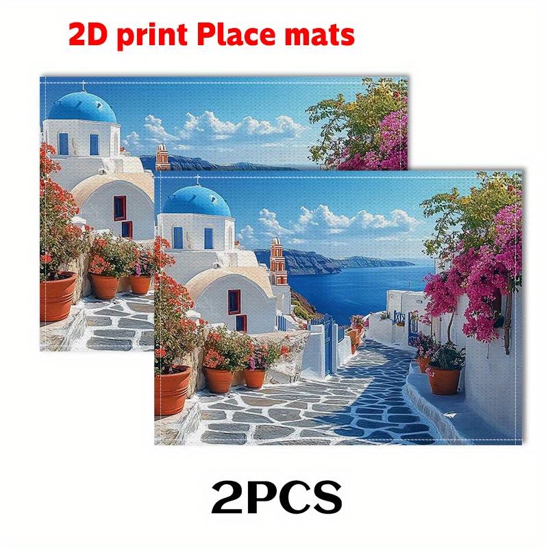 2 szt./4 szt./6 szt. Greckie Podkładki (Druk 2D)Piękne Krajobrazy Greckich Miast 11,8x17,7 cala - Rustykalna Podkładka pod Misę/Talerz do Artystycznej DEKORACJI STOŁU,