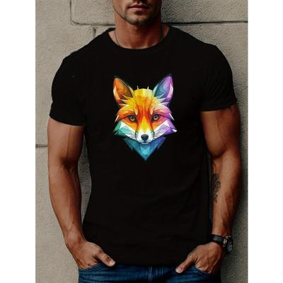 Europäische Größen Herren Freizeit Kurzarm T-Shirt mit geometrischem Fuchs Design - Atmungsaktives Polyester, Rundhals