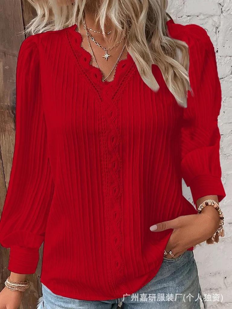Women's V-Neck Long Sleeve Top with Lace Trim and Puff Sleeves