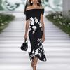 Women's Black Off-Shoulder Bodycon Dress with White Floral Applique and Mermaid Hem, Runway Style with White Earrings