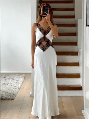 Tossy Lace Backless Hollow Out Maxi Dress for Women Patchwork Printed Fashion High Waist Elegant Party Dress Female Long Dress