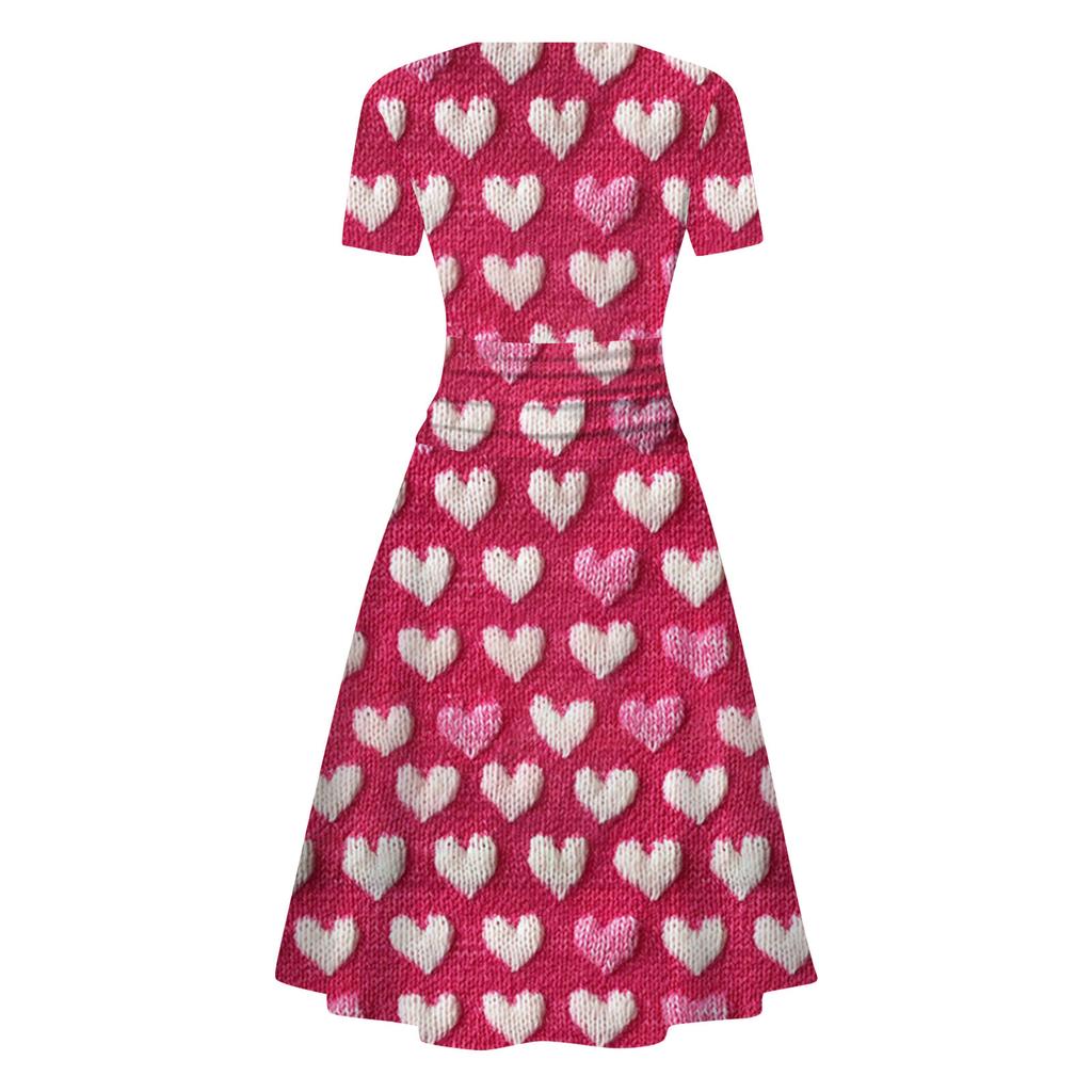 Ladies' Fashion Casual Valentine's Day Printed Twisted Strip Short Sleeve Pocket Dress