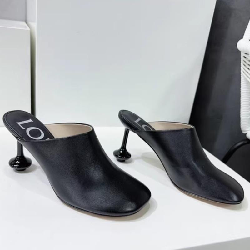 Fashion Spring New Baotou Slippers Women's Square Head Leather Deep Mouth Set Foot Anti-slip Wear-resistant Heel Shoes