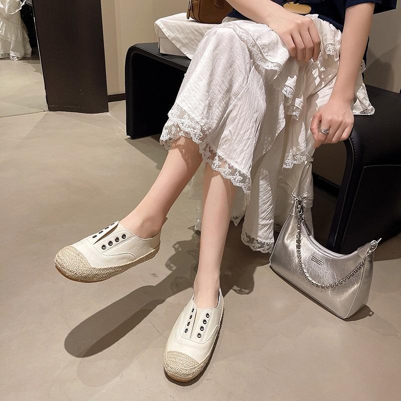 Trend spring summer season new lazy one-pedal canvas shoes women's spring breathable versatile lace fisherman shoes