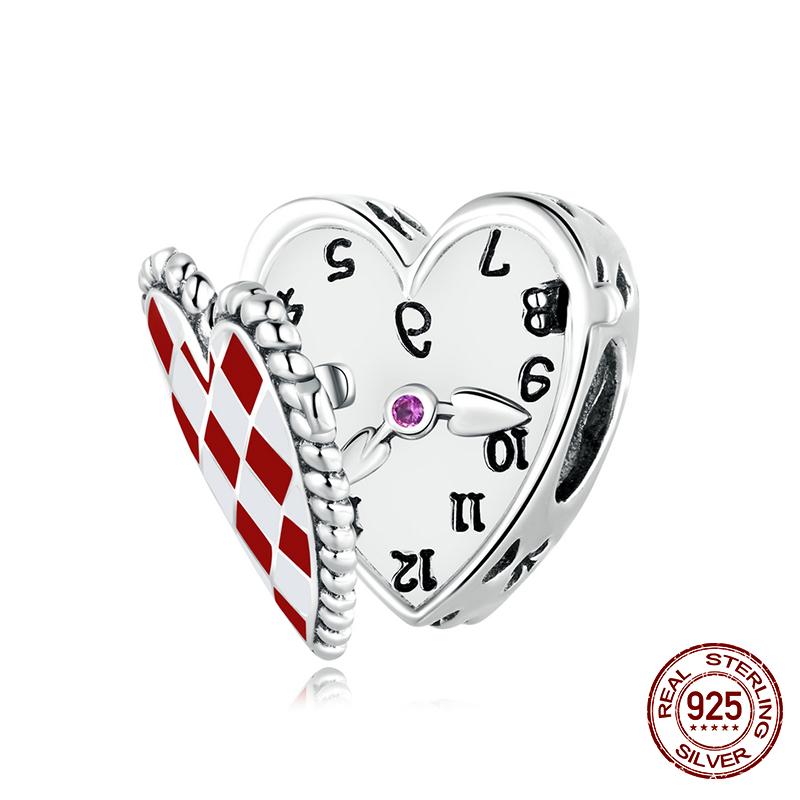 WOSTU gerçek 925 ayar gümüş sevimli kırmızı kalp saat Charms boncuk kadınlar için Fit orijinal DIY bilezik kolye güzel takı hediyeler