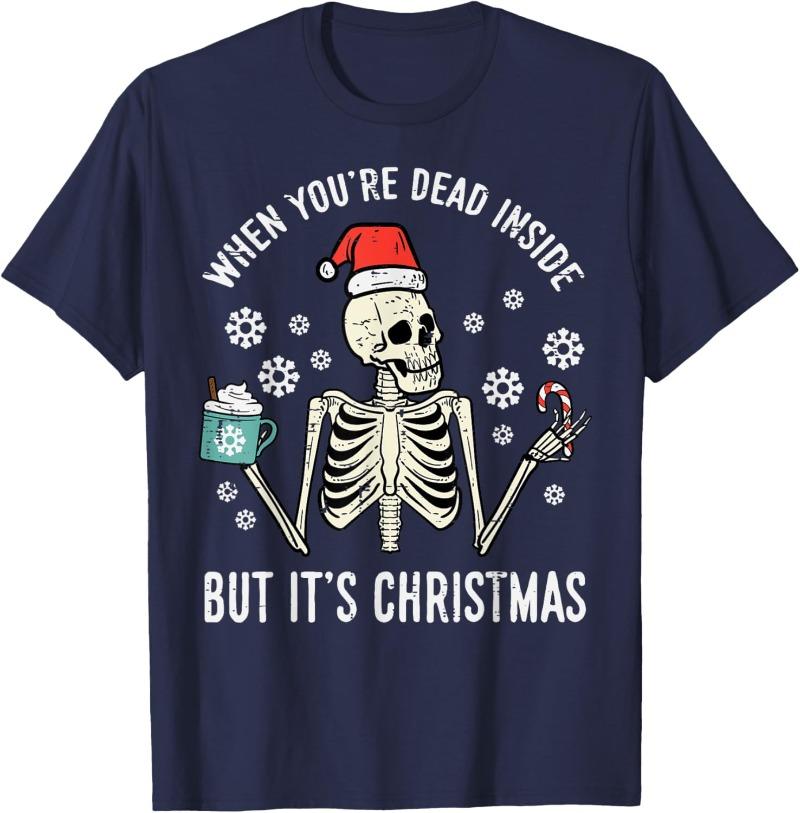 Dead Inside But Its Christmas Skeleton Coffee Xmas Cotton TShirt Men and Women Crew Neck Short Sleeve Casual Shirts for Women
