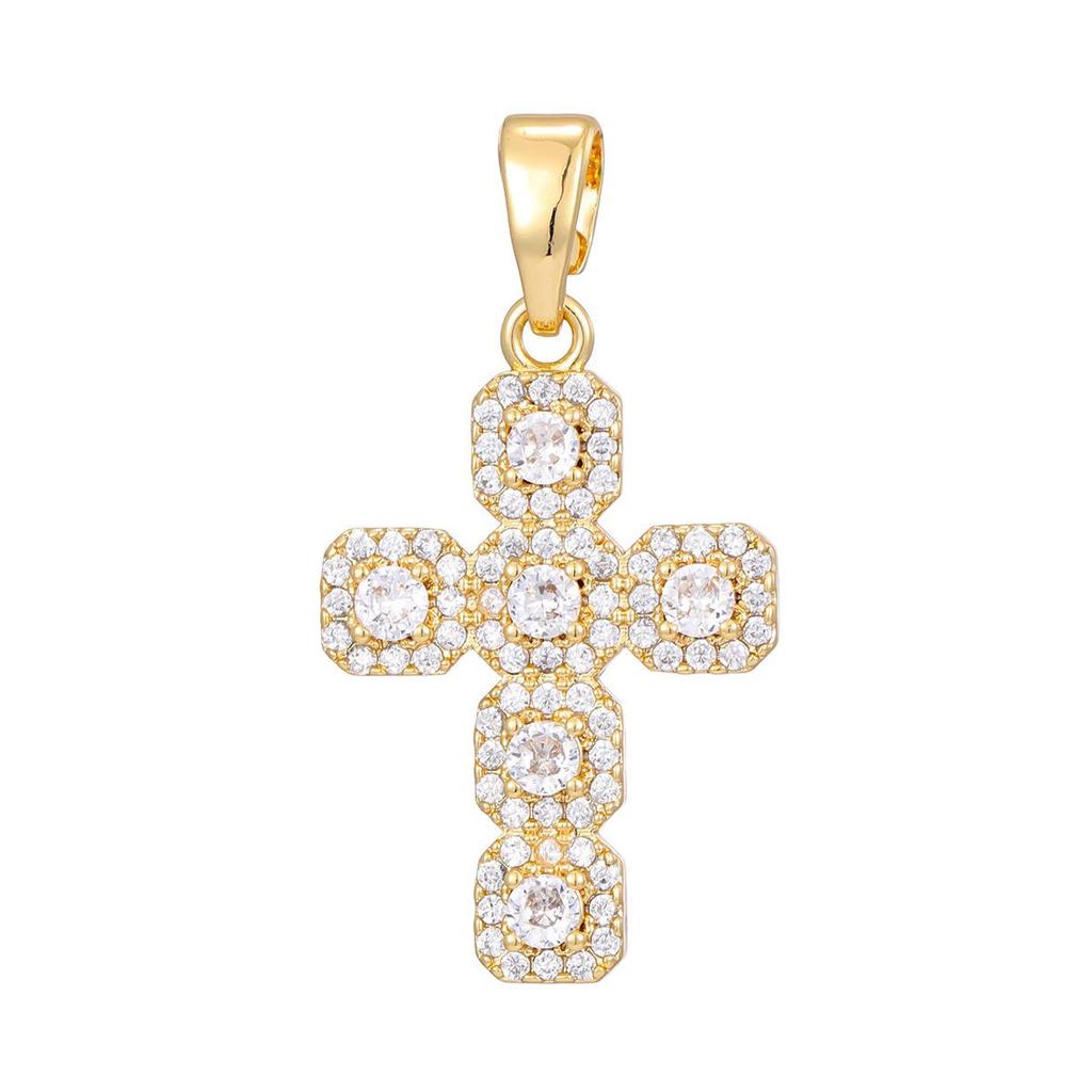 Gold-Plated Multi-Color Zirconia Cross Necklace with Full Diamond Design
