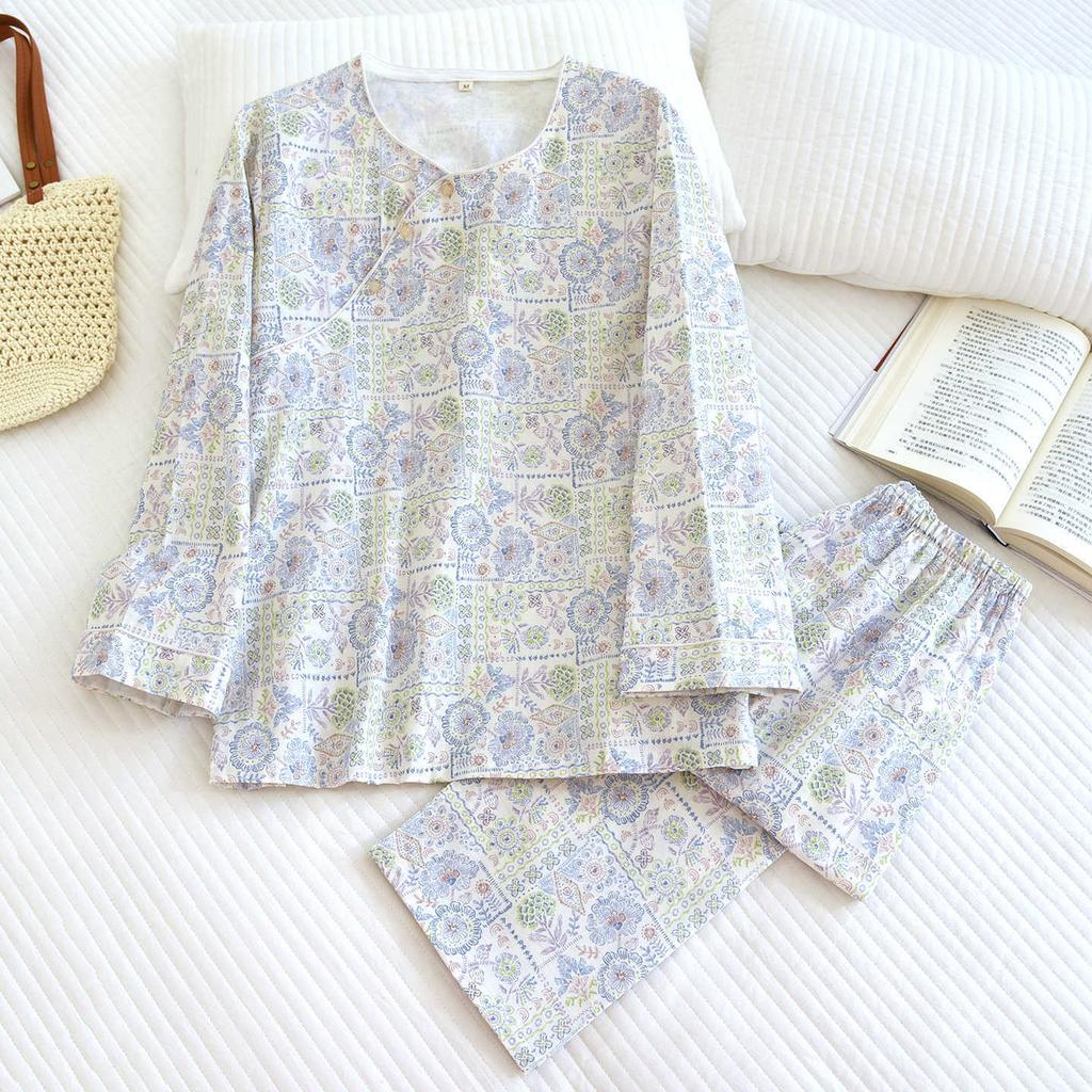 2026 New Women's Spring and Autumn Pajama Set 100% Cotton Gauze Long Sleeve Long Pants Thin Home Clothes Two Piece Set