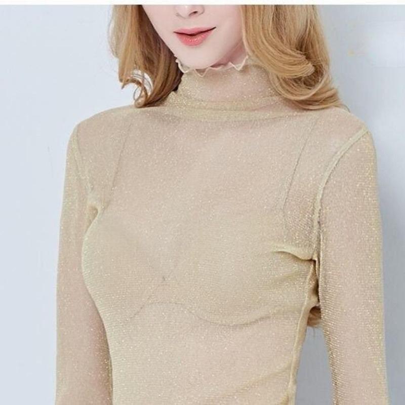 Sexy Women T Shirt See Through Transparent Mesh Tops Long Sleeve Sheer Slim Ladies Turtleneck Bright T-Shirt Top