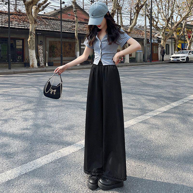 

Women s Pink Edge Wide-Leg Casual Summer Pants - Versatile and Loose Nine-Point Straight-Leg Design M (Recommended for 80-100 jin)