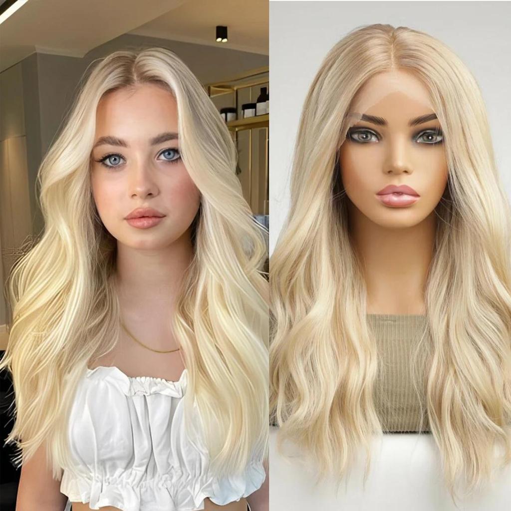 Louis FEREE 13x4 Lace Front Synthetic Wigs for Women Long Wavy Dark Brown Highlight Middle Part Lace Wigs Daily Cosplay High Temperture Fiber