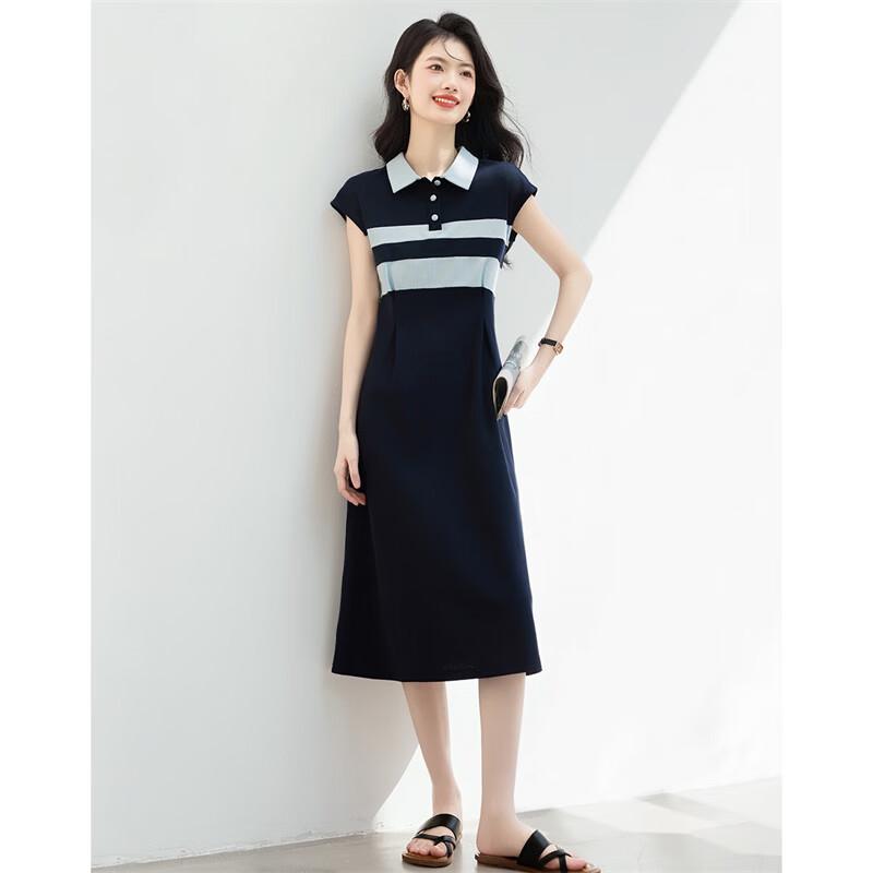 Xinfeiyu Fashion Color Block Slimming Midi Polo Dress