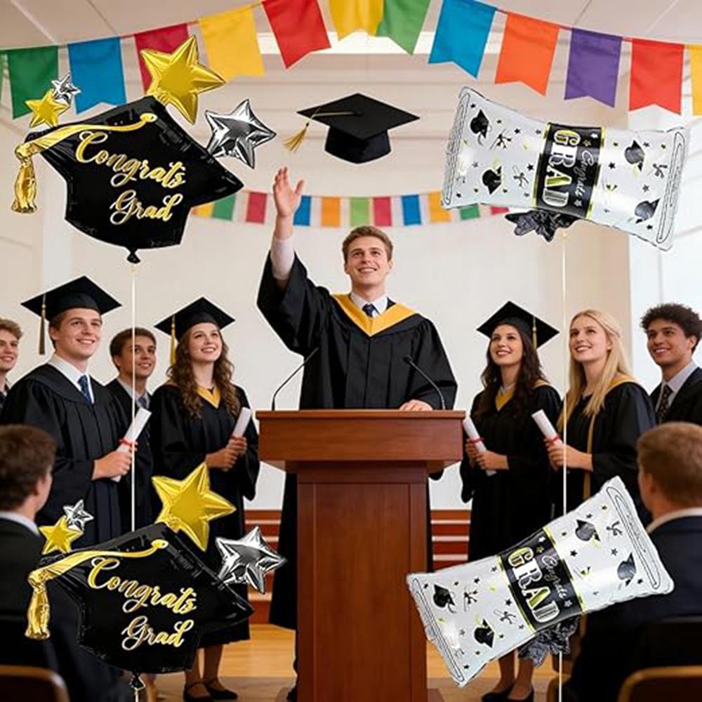 Black Gold Graduation Balloons Set, 6Pcs Aluminum Foil Balloons with Grad Cap & Diploma Designs, Graduation Party Supplies for a