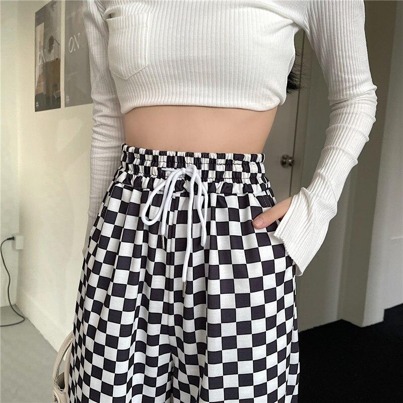 2022 New Arrivals Sweatpants Women Wide Leg Pants Retro High Waist Checkerboard Grid Elastic Woman Pant Black Loose Long Trouser