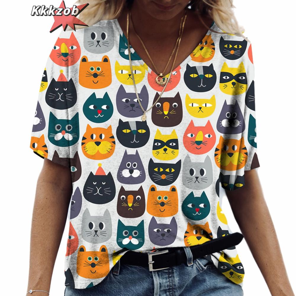 

Футболка женская с принтом аниме-кота 2024 года, модная одежда в стиле Харадзюку, футболки большого размера с коротким рукавом и V-образным вырезом, женская повседневная уличная блузка 5XL