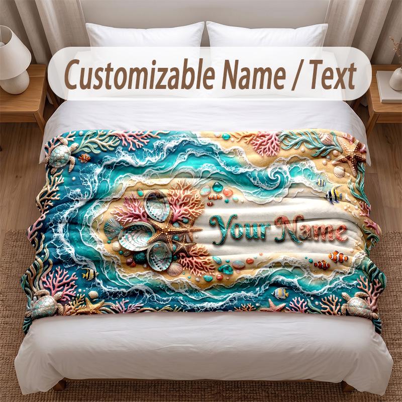 Fish Ocean Theme Soft Blanket Personalized Custom Name Text Print Warm Blanket Home Sofa Bedroom Decor