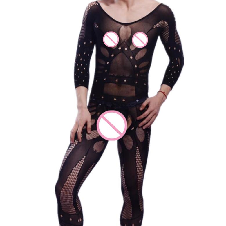 Gentleman Underwear Novelty Male Bodysuit One-Piece Fishnet Clothing Funny Men Jumpsuit Sexy Lingerie Man Sissy Sleepwear Black