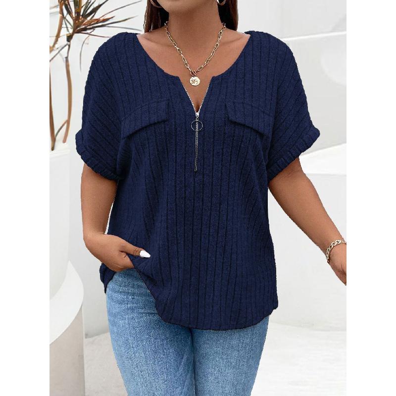 2026 Spring/Summer New Plus Size Solid Color Women's V-Neck T-Shirt Loose Top with Zipper Short Sleeves and Faux Pockets